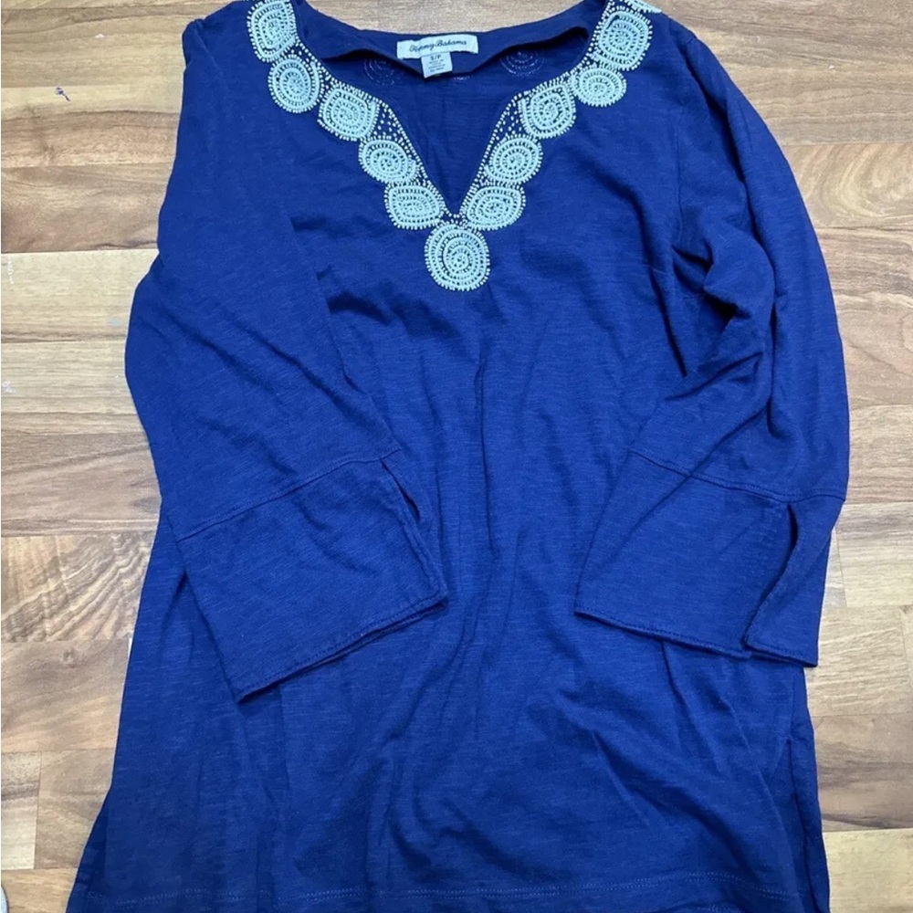 Tommy Bahama Shirt Womens Adult Large Blue V Neck Beaded Casual Ladies Top